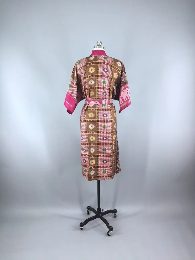 Silk Sari Robe / Pink & Brown Ikat Birds