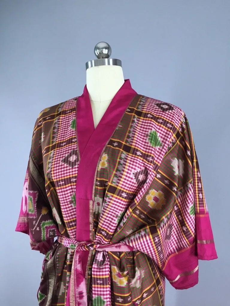 Silk Sari Robe / Pink & Brown Ikat Birds