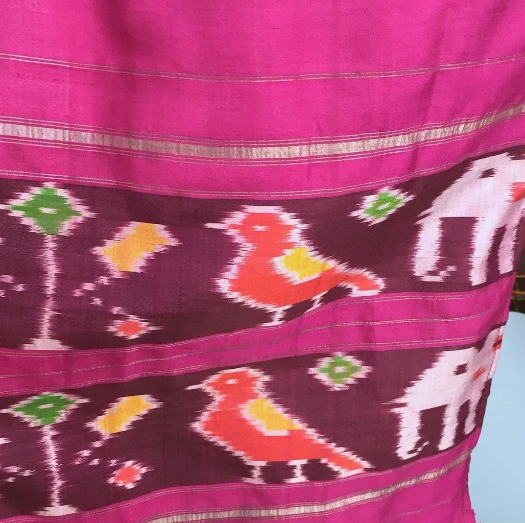 Silk Sari Robe / Pink & Brown Ikat Birds