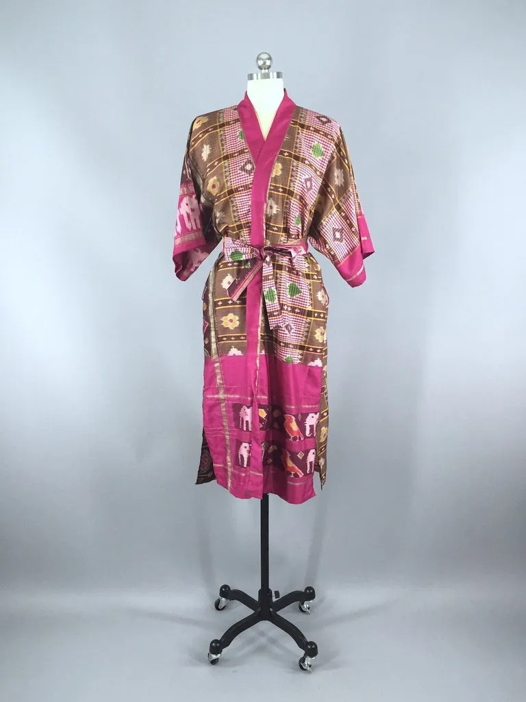 Silk Sari Robe / Pink & Brown Ikat Birds