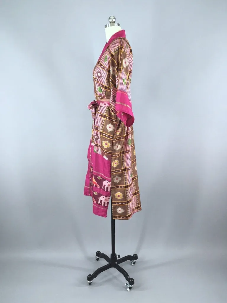 Silk Sari Robe / Pink & Brown Ikat Birds