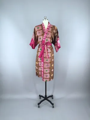 Silk Sari Robe / Pink & Brown Ikat