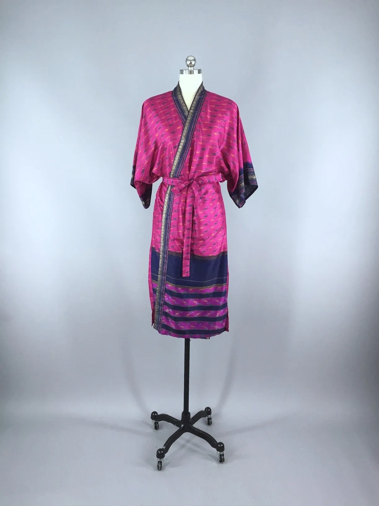 Silk Sari Robe / Pink and Navy Blue Ikat