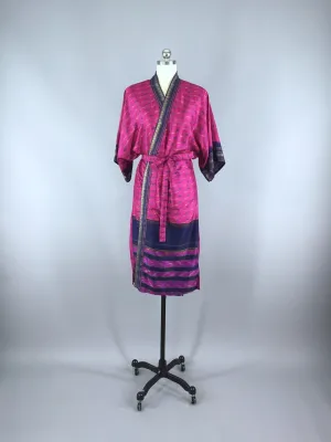 Silk Sari Robe / Pink and Navy Blue Ikat