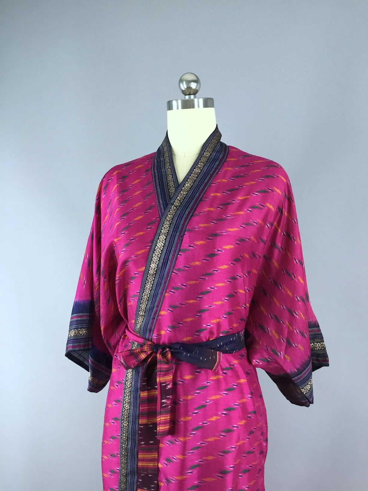 Silk Sari Robe / Pink and Navy Blue Ikat