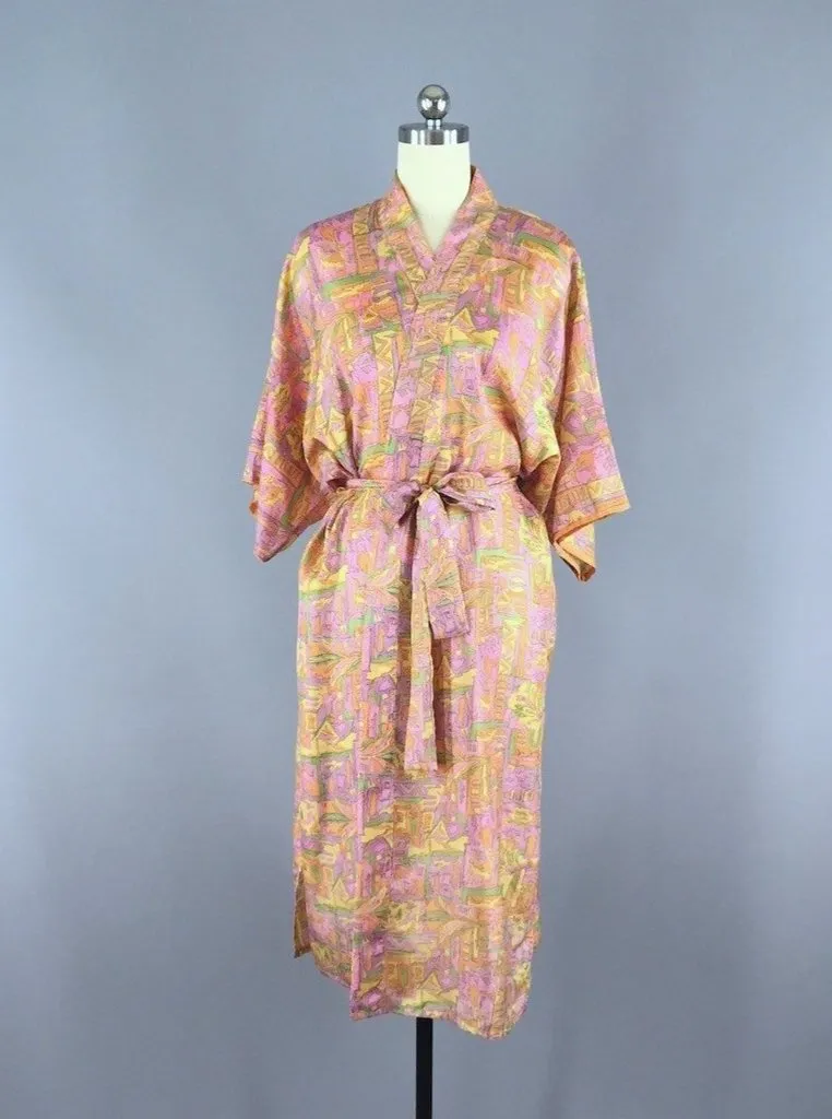 Silk Sari Robe / Pink-Orange Abstract Floral Print