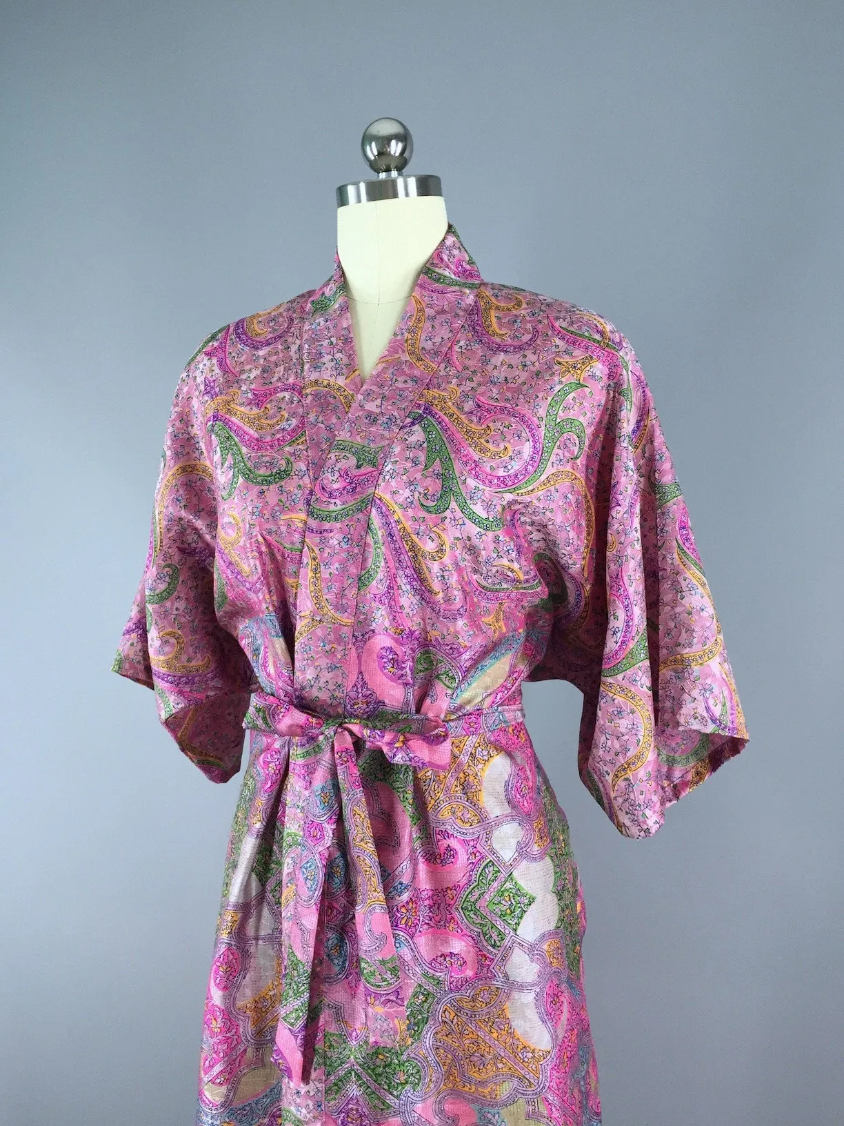 Silk Sari Robe / Pink Paisley Brocade