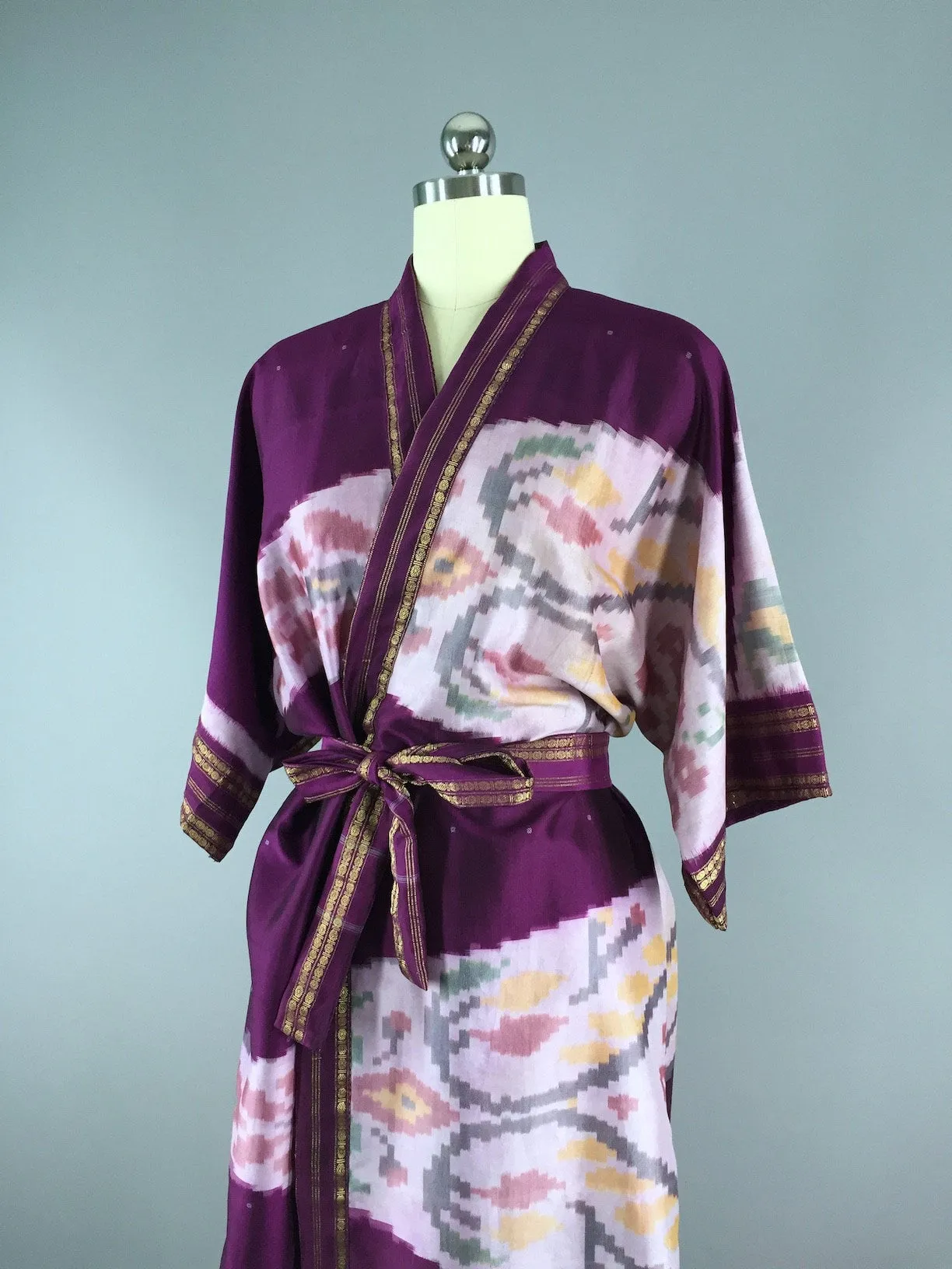 Silk Sari Robe / Purple Pink Ikat