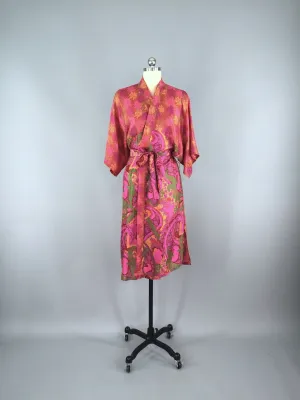 Silk Sari Robe / Red Paisley Coral Print