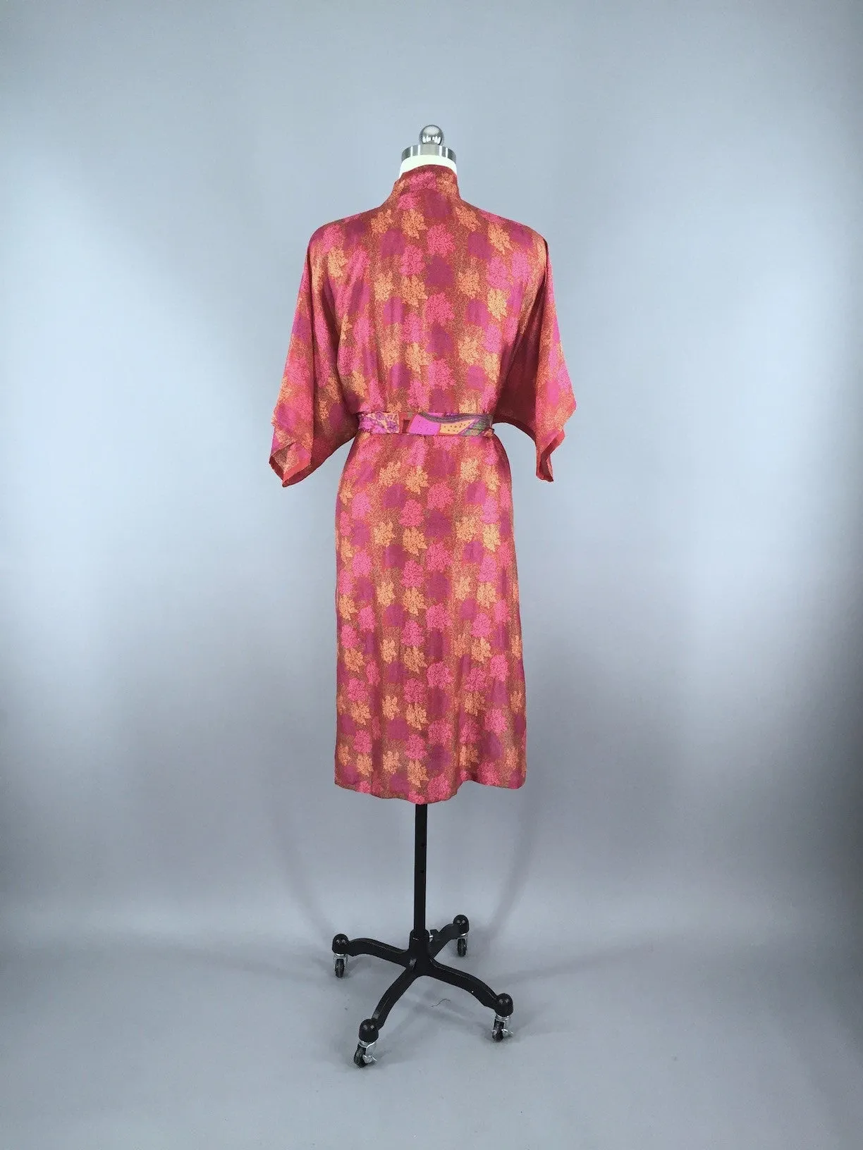 Silk Sari Robe / Red Paisley Coral Print