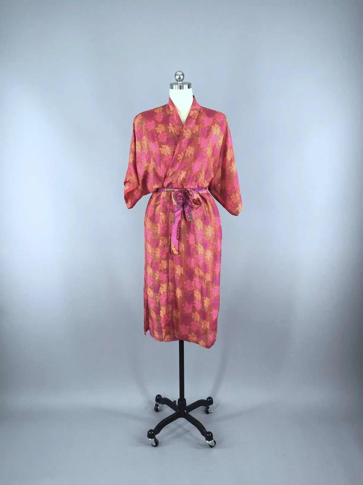 Silk Sari Robe / Red Sea Fan Coral Print