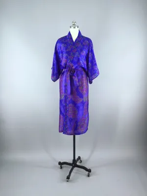 Silk Sari Robe / Royal Blue Floral