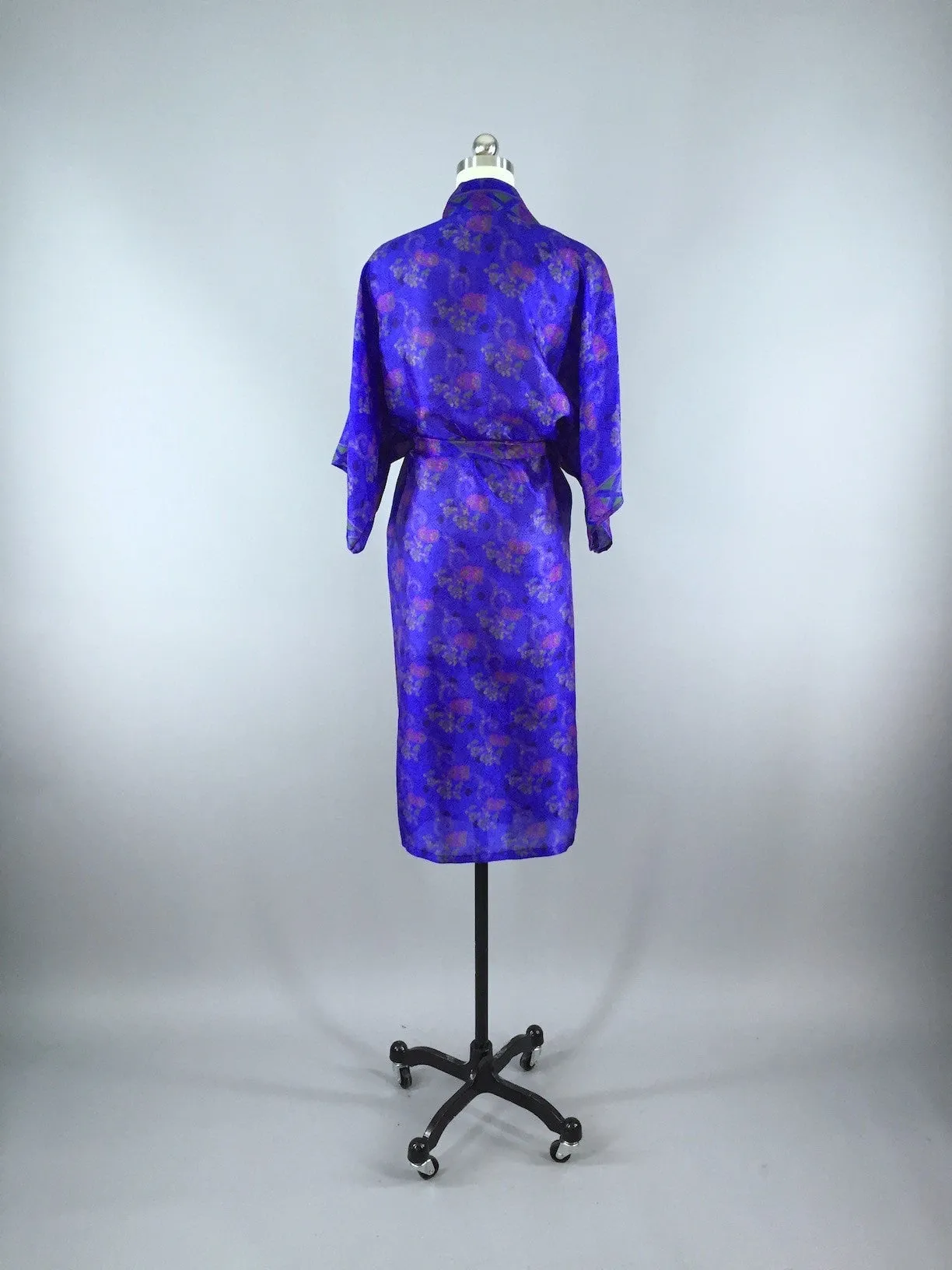 Silk Sari Robe / Royal Blue Floral