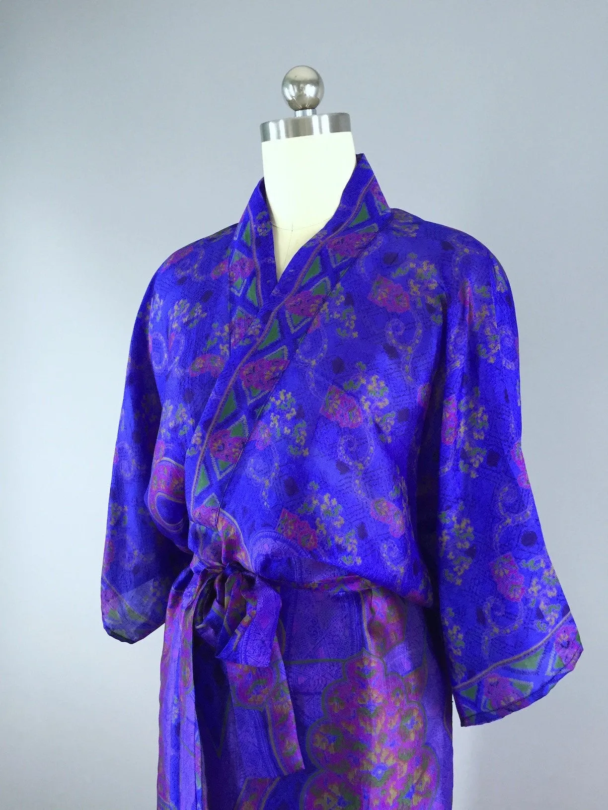 Silk Sari Robe / Royal Blue Floral