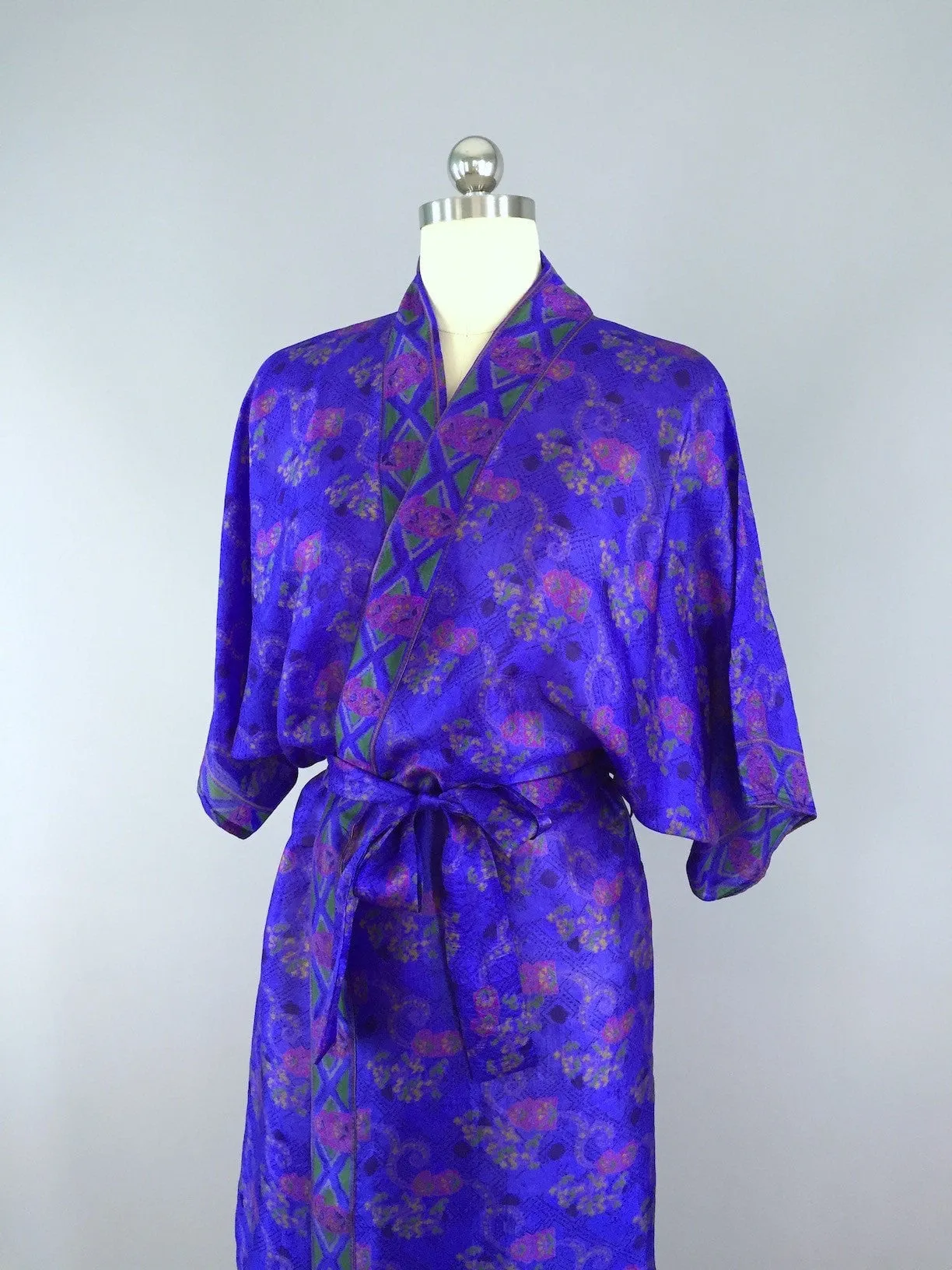 Silk Sari Robe / Royal Blue Small Floral