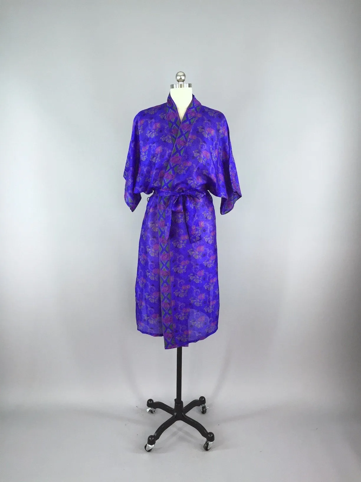 Silk Sari Robe / Royal Blue Small Floral