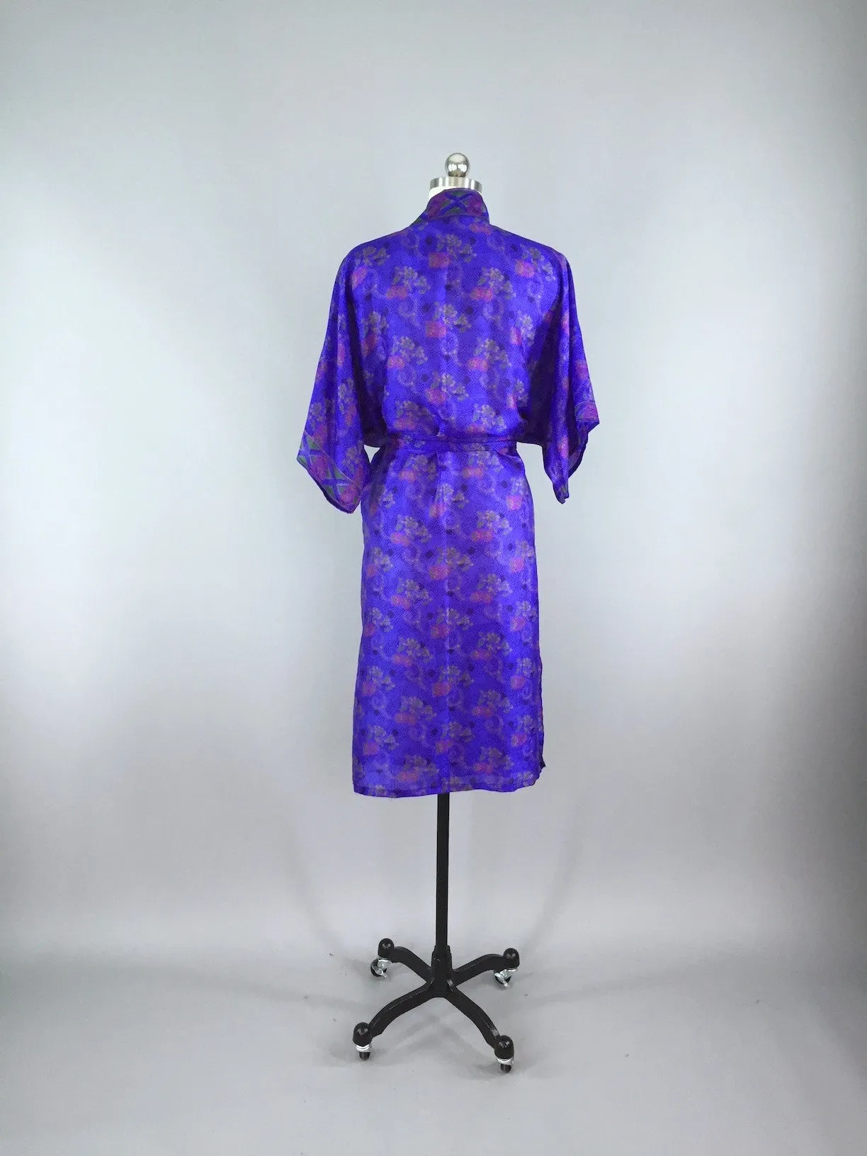 Silk Sari Robe / Royal Blue Small Floral