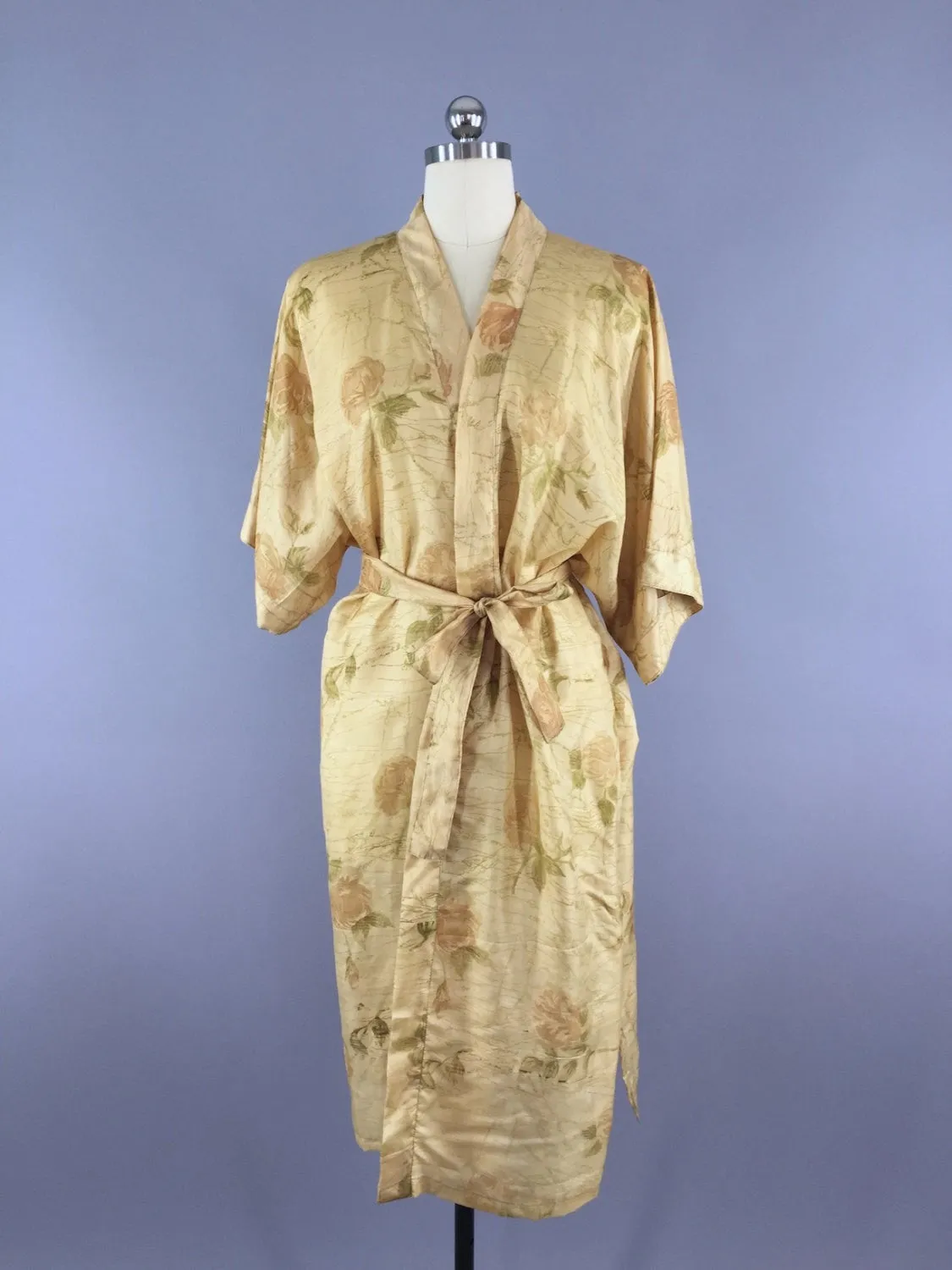 Silk Sari Robe / Tan Floral Print