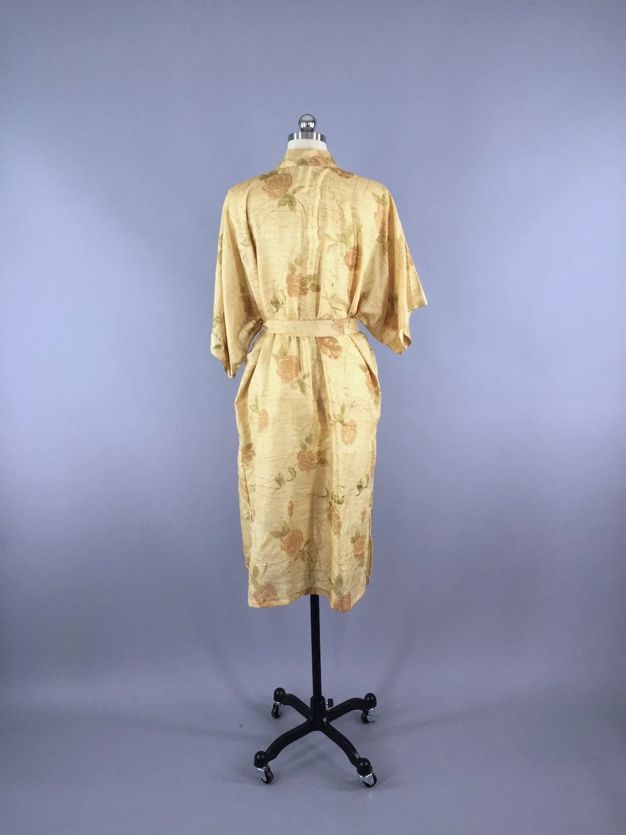 Silk Sari Robe / Tan Floral Print