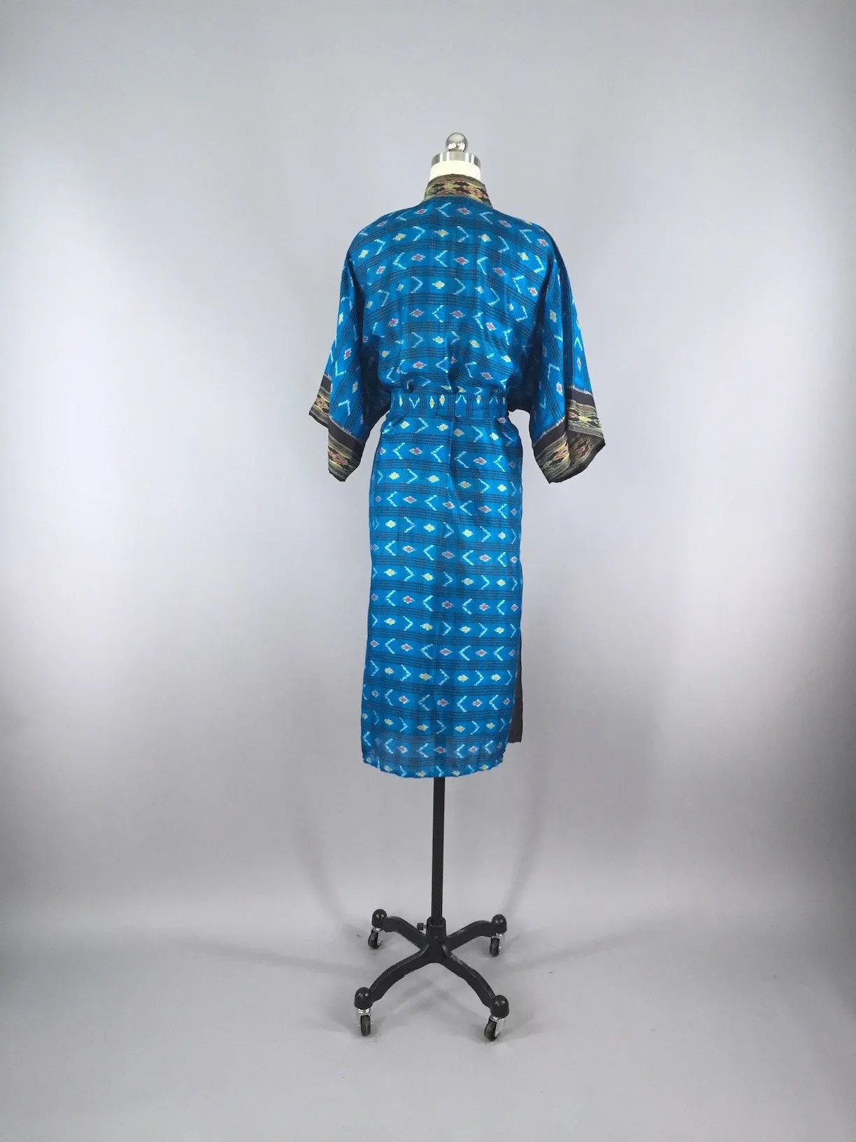 Silk Sari Robe / Turquoise & Black Ikat