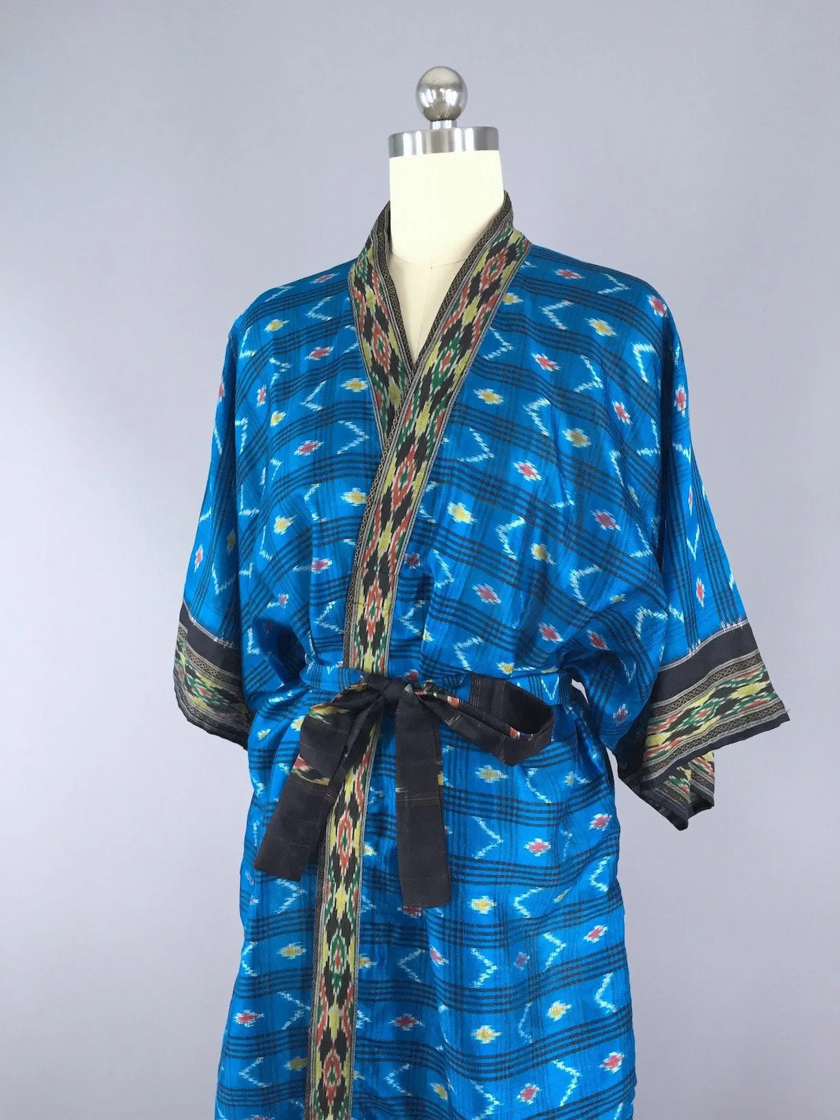 Silk Sari Robe / Turquoise & Black Ikat