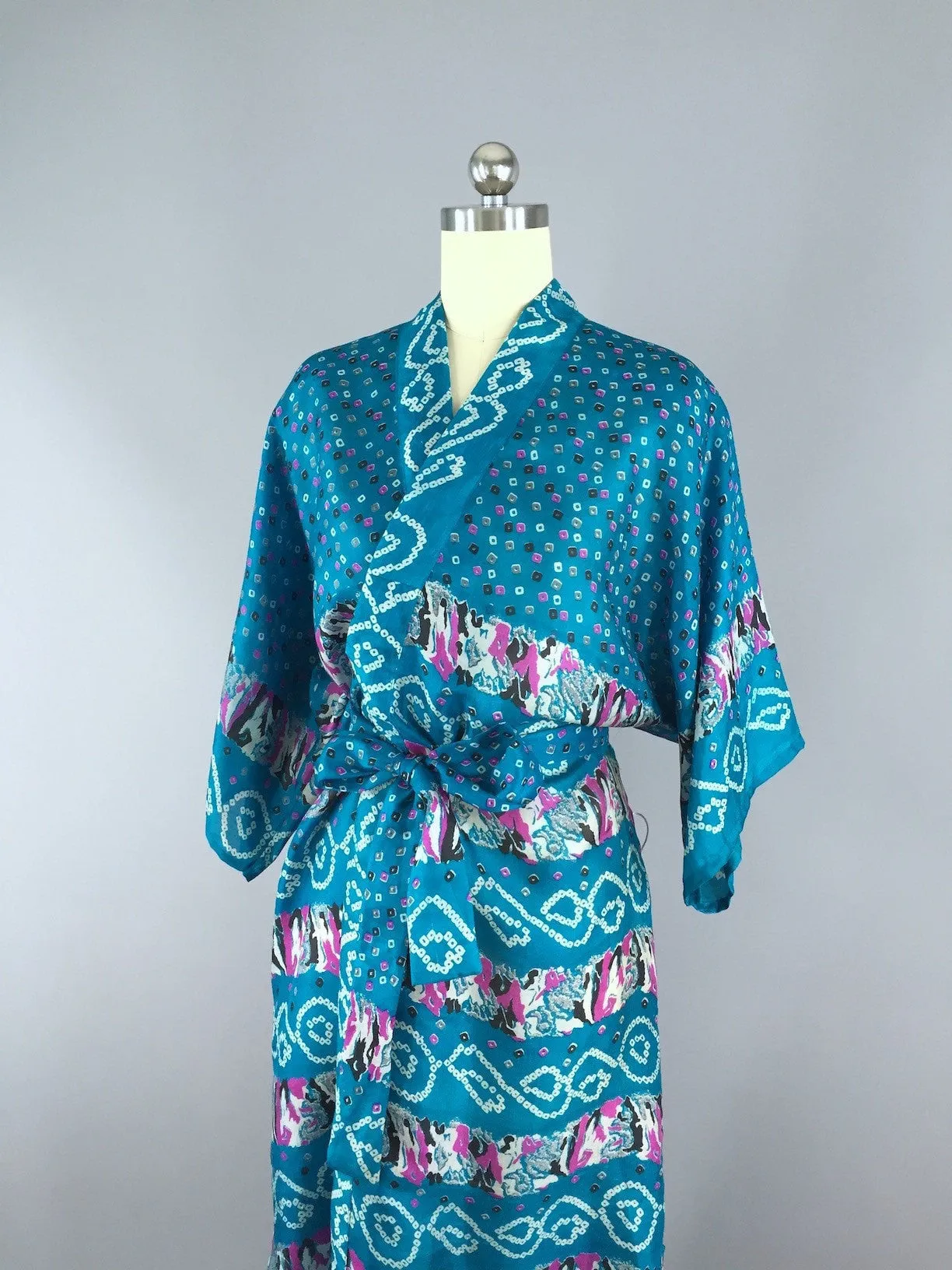 Silk Sari Robe / Turquoise Dots