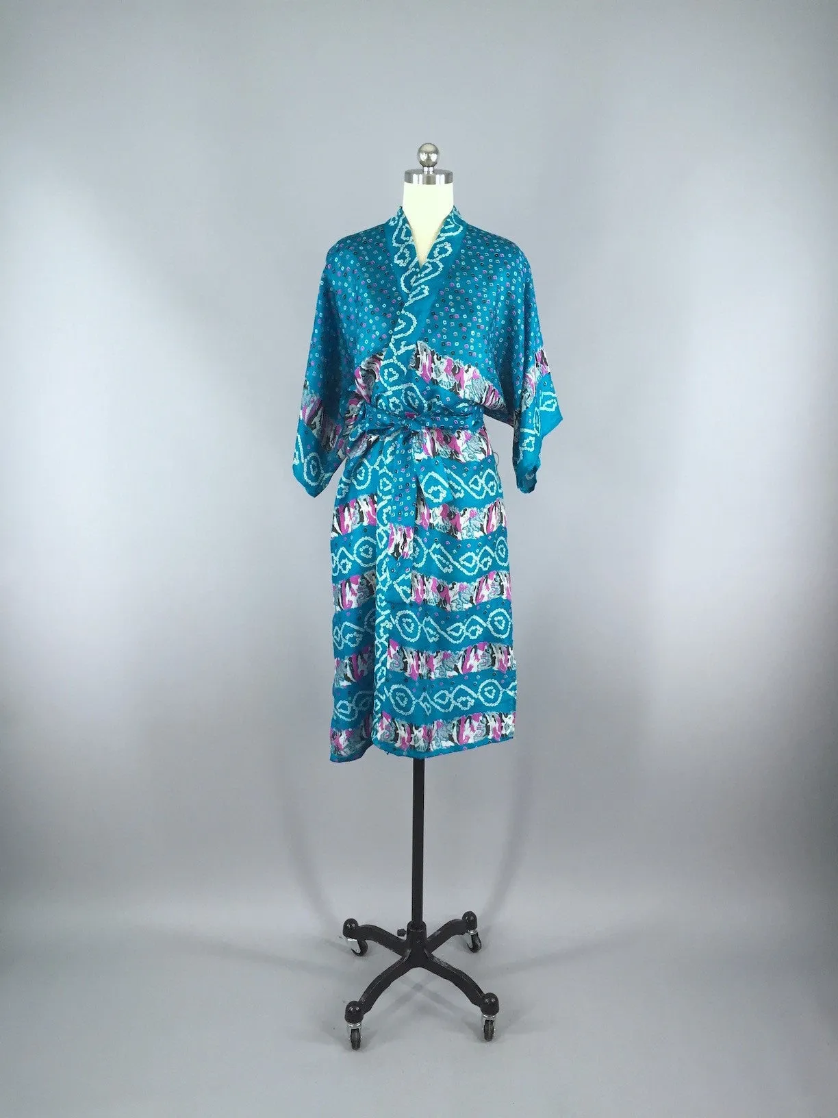 Silk Sari Robe / Turquoise Dots