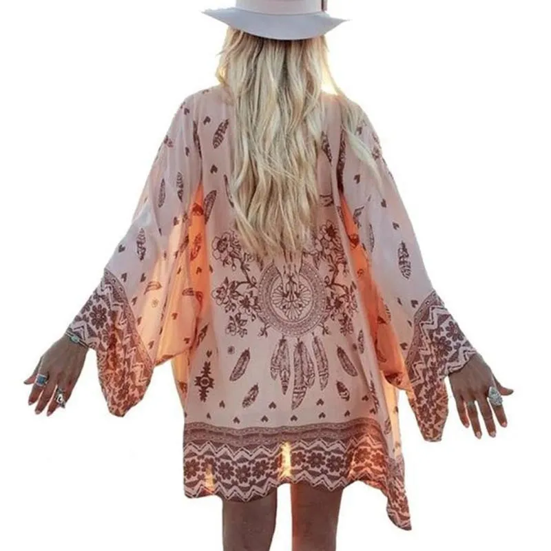 Skull Tribe Kimono Peach Brown Western Longhorn Skull Feather Print Boho Chiffon Beach Wrap Dreamcatcher Tribal Available In Small Medium Large Or Extra Large XL