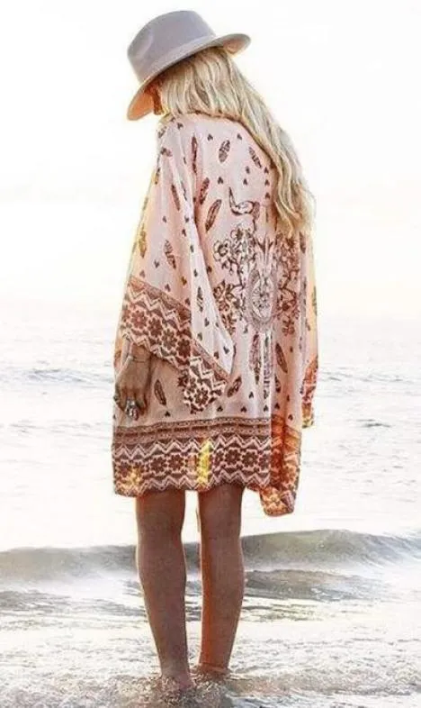 Skull Tribe Kimono Peach Brown Western Longhorn Skull Feather Print Boho Chiffon Beach Wrap Dreamcatcher Tribal Available In Small Medium Large Or Extra Large XL