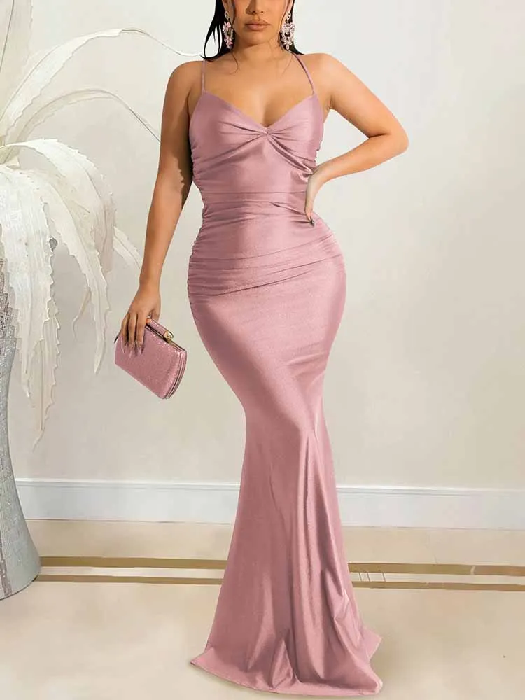 Spaghetti Straps Cutout Trendy Split Midi Dress