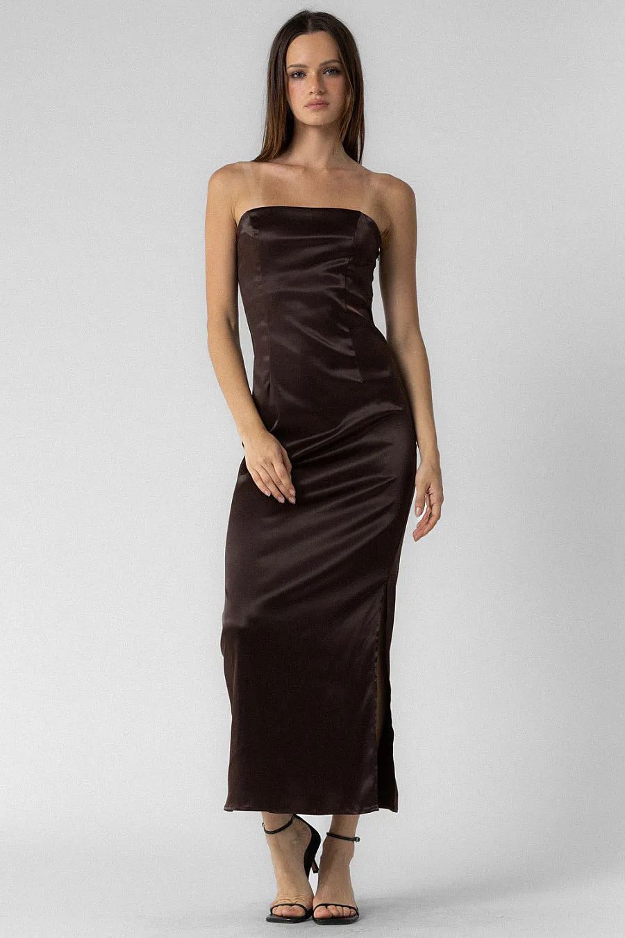 Strapless Satin Maxi Dress Chocolate