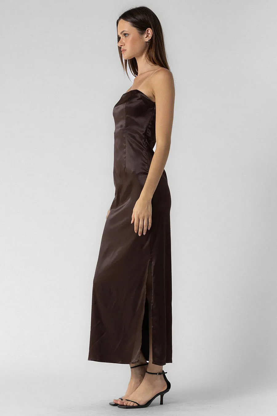 Strapless Satin Maxi Dress Chocolate