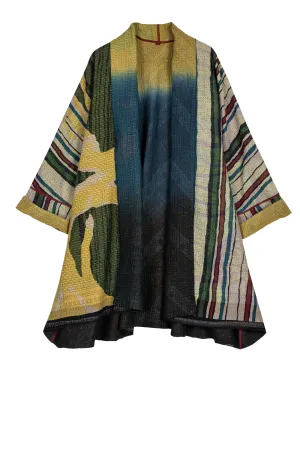 STRIPE AND BENDS KANTHA KIMONO LONG JACKET - sb4005-grn -