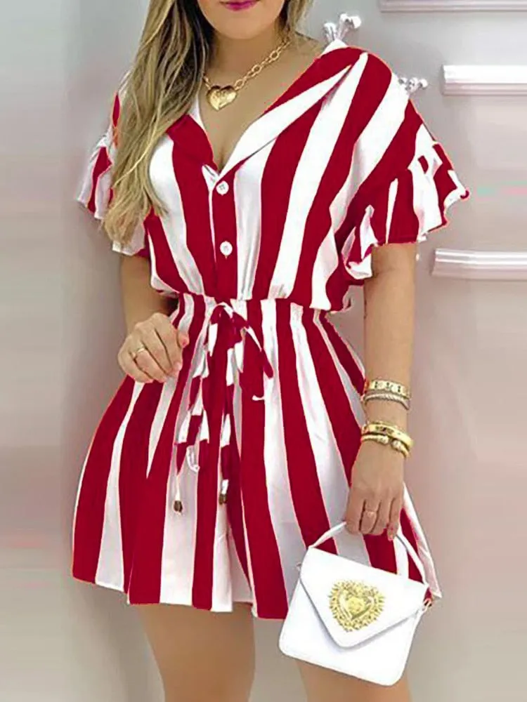 Striped Ruffled Romper Dress with Petal Sleeves