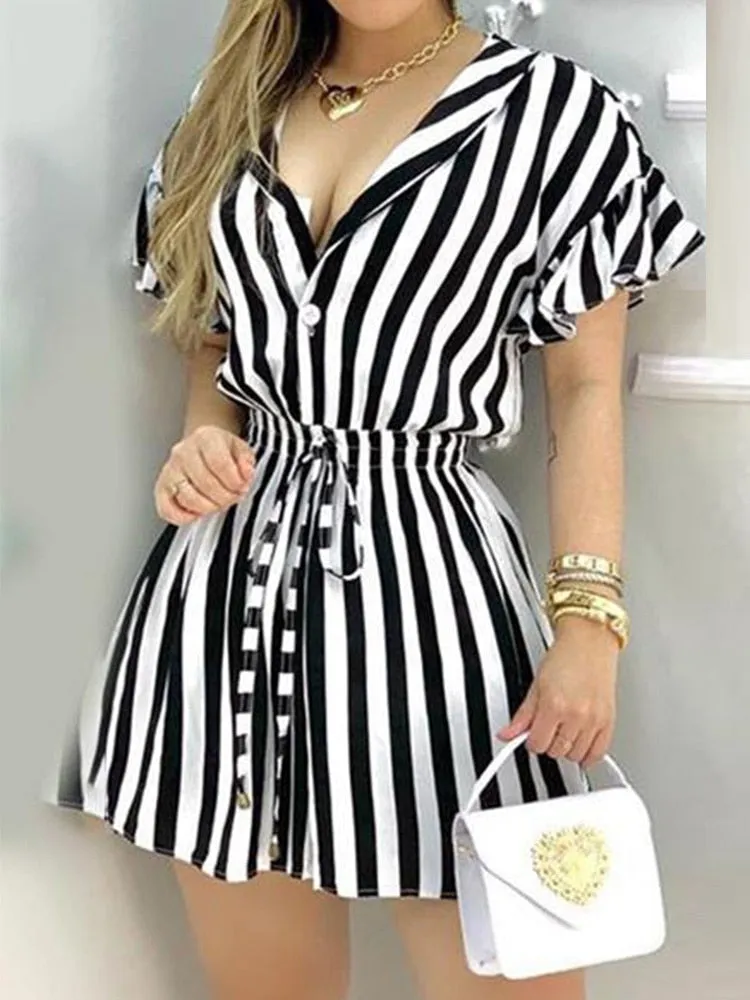 Striped Ruffled Romper Dress with Petal Sleeves