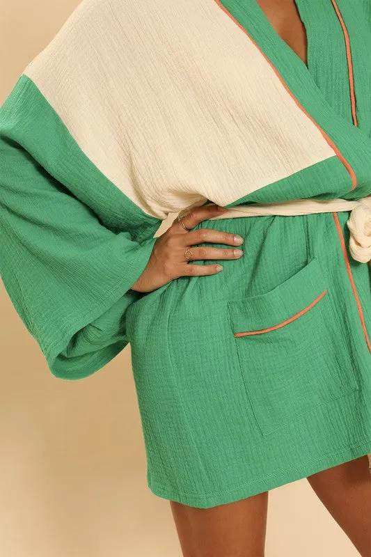 TEEK - Green Cream Two Tone Kimono Robe