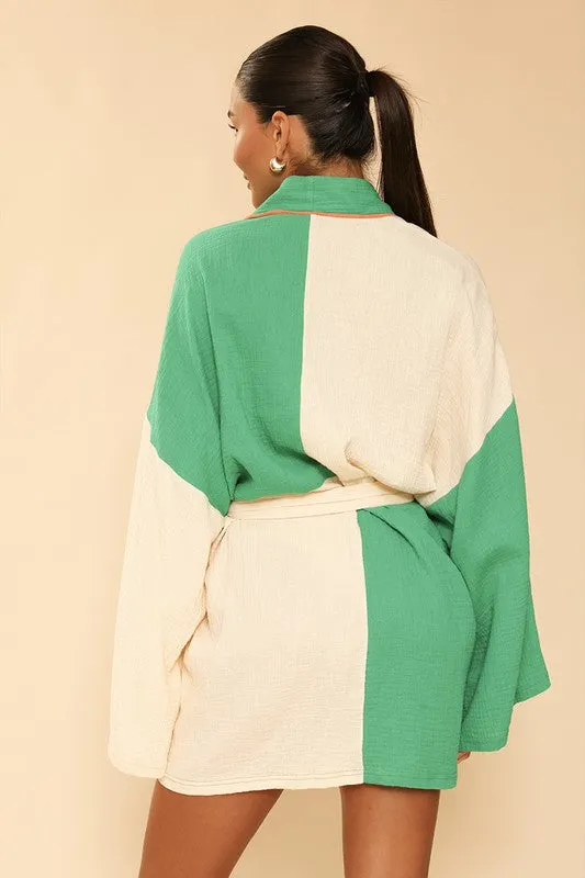 TEEK - Green Cream Two Tone Kimono Robe