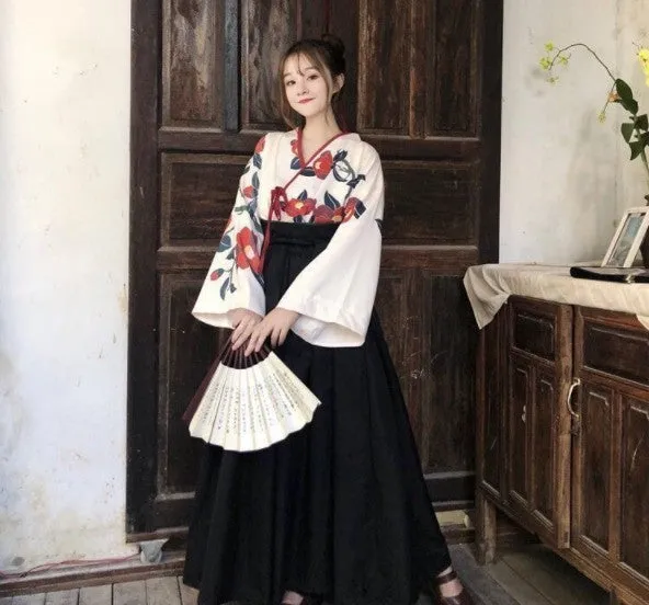 Traditional Floral Kimono Dress with Red Obi Belt