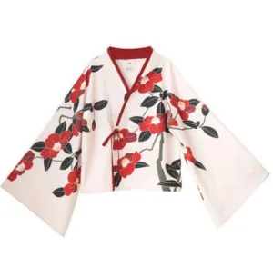 Traditional Floral Kimono Dress with Red Obi Belt