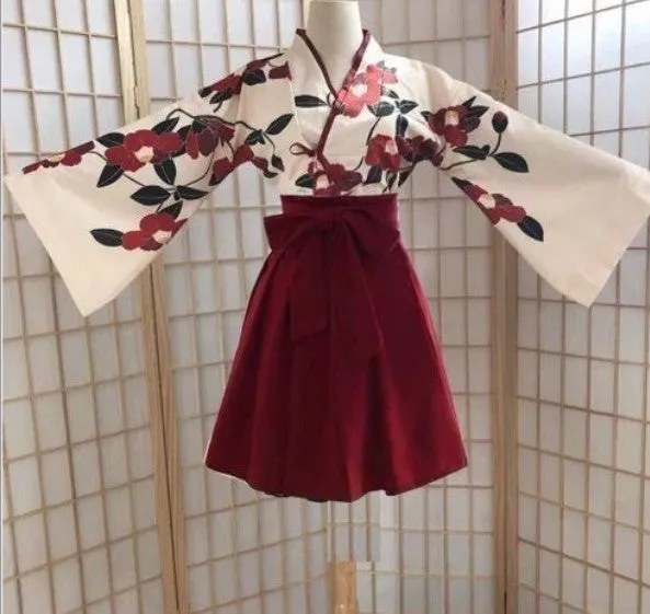 Traditional Floral Kimono Dress with Red Obi Belt