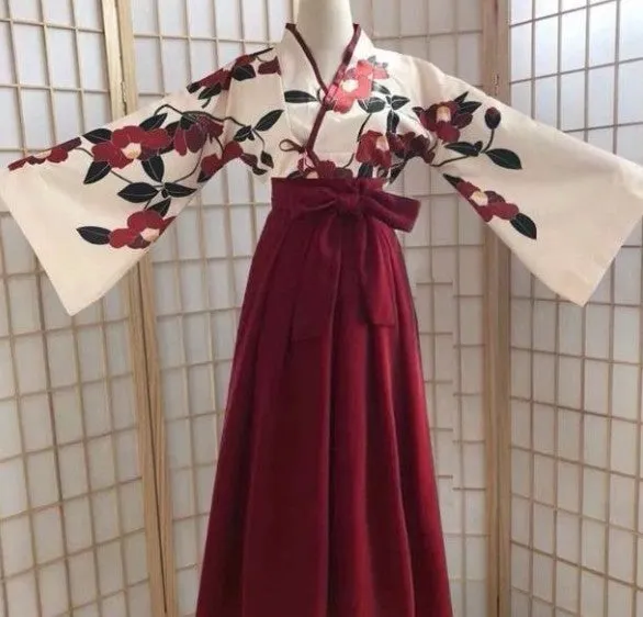 Traditional Floral Kimono Dress with Red Obi Belt