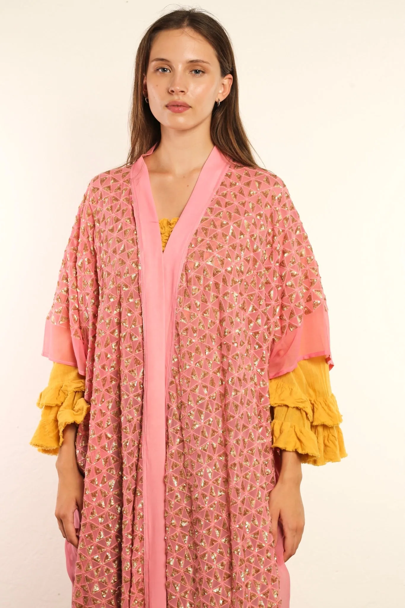 TRIANGLE GOLDEN PINK SILK KIMONO