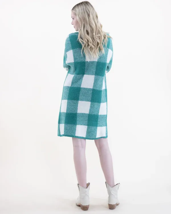 Turquoise & White Plaid Cardigan w/ Pockets