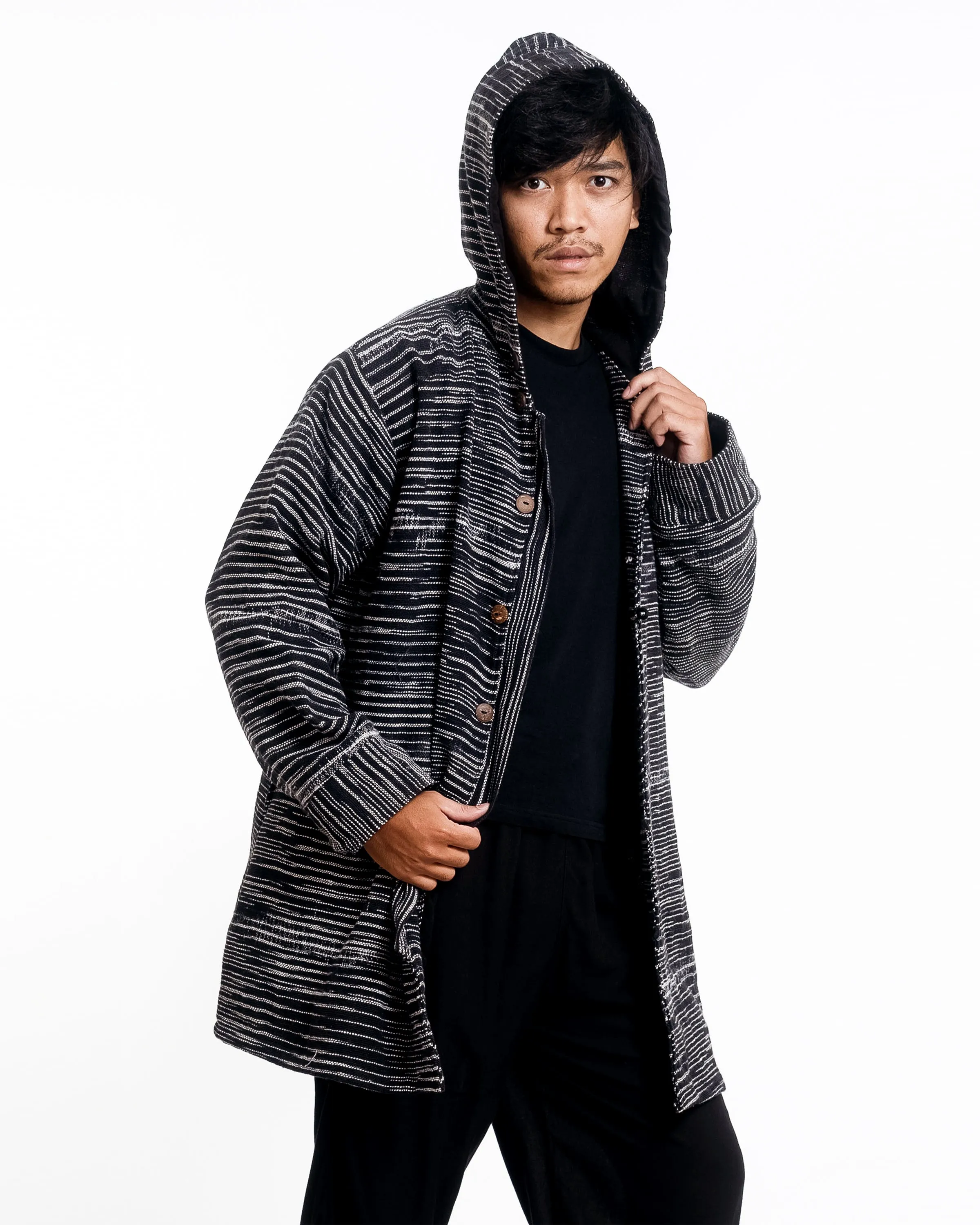 Unisex Oversized Light Hooded Button Hand-Woven Cotton Jacket in Black