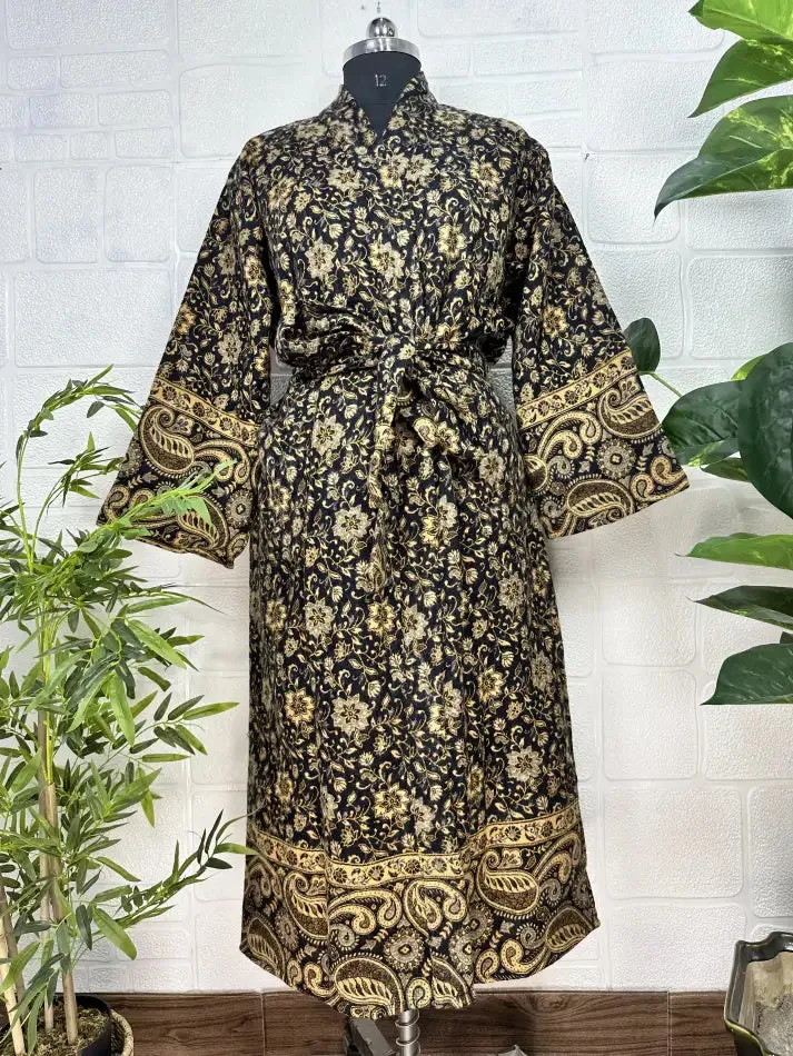 Unisex Yak Wool Blend Geometric Diamonds Kimono/Robe | Luxurious Black Gold Teal Urban Floral Print | Warm Hygge Christmas Gift for Her & Him