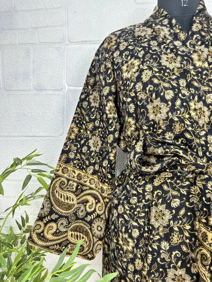 Unisex Yak Wool Blend Geometric Diamonds Kimono/Robe | Luxurious Black Gold Teal Urban Floral Print | Warm Hygge Christmas Gift for Her & Him