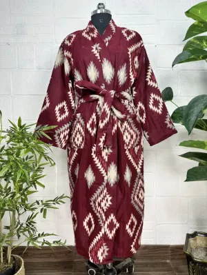 Unisex Yak Wool Blend Geometric Diamonds Kimono/Robe | Luxurious Maroon Beige Teal Urban Floral Print | Warm Hygge Christmas Gift for Her & Him