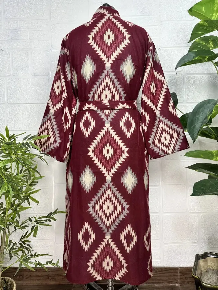 Unisex Yak Wool Blend Geometric Diamonds Kimono/Robe | Luxurious Maroon Beige Teal Urban Floral Print | Warm Hygge Christmas Gift for Her & Him