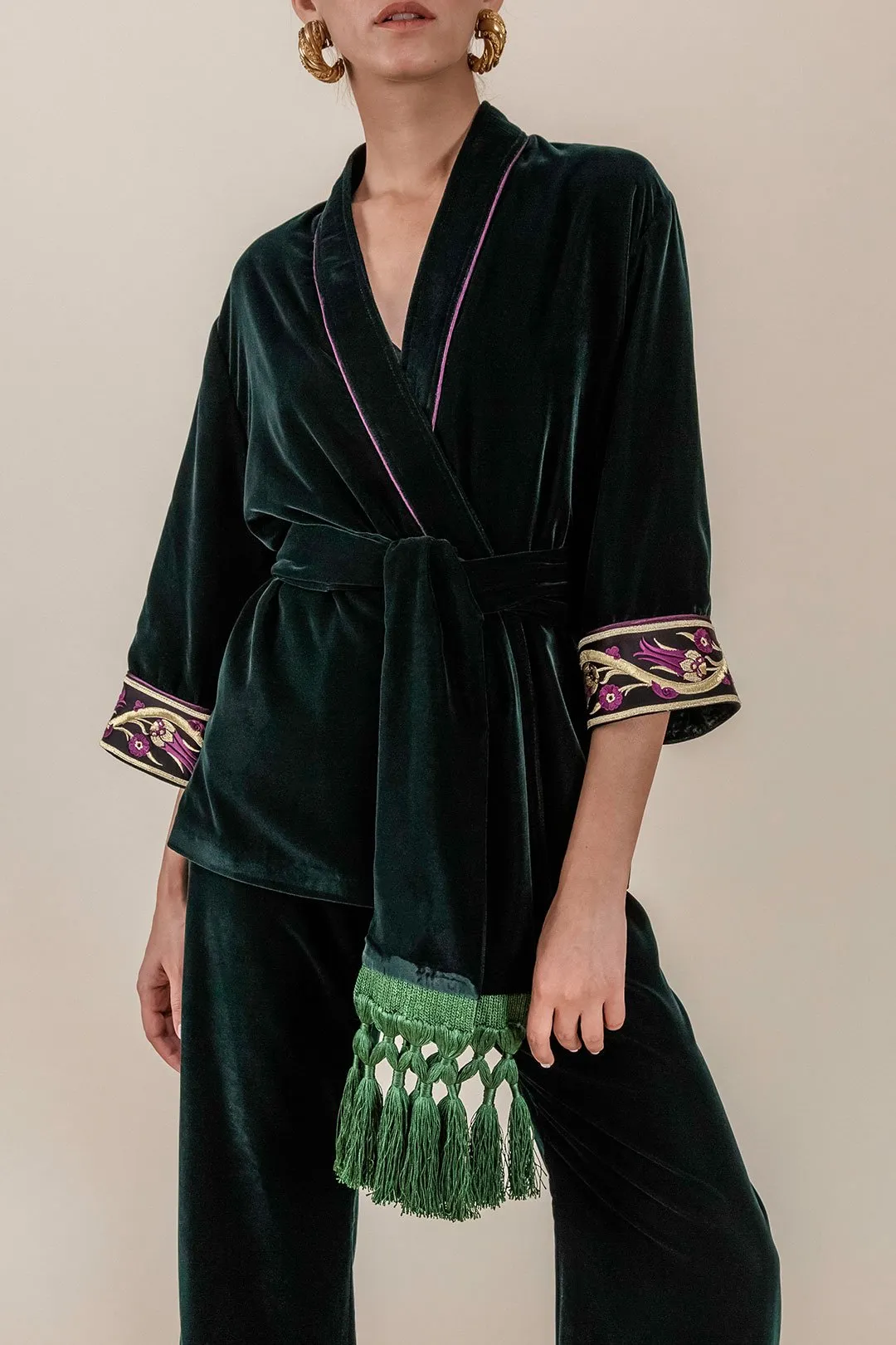 Velvet Kimono Set - Emerald Green