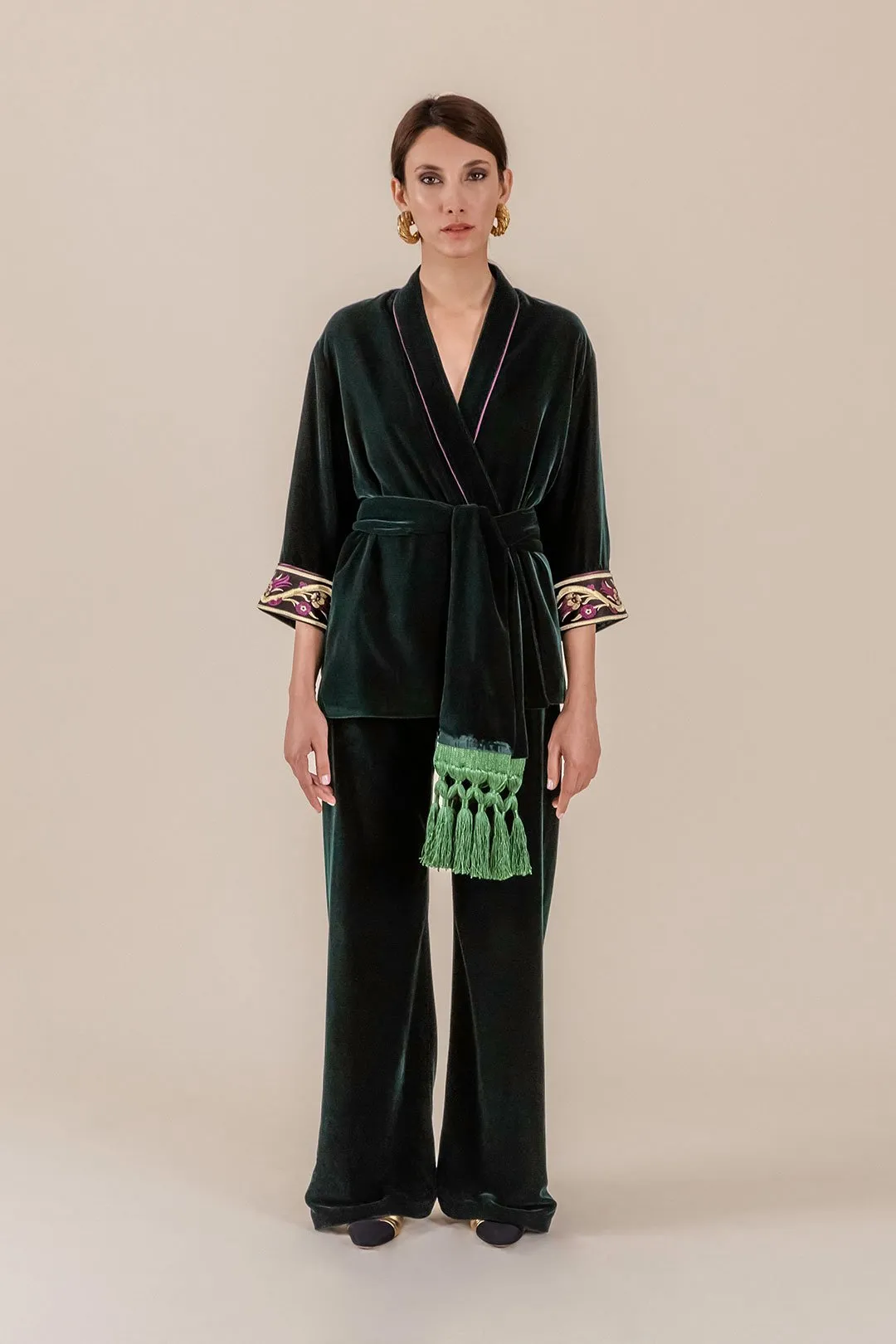 Velvet Kimono Set - Emerald Green